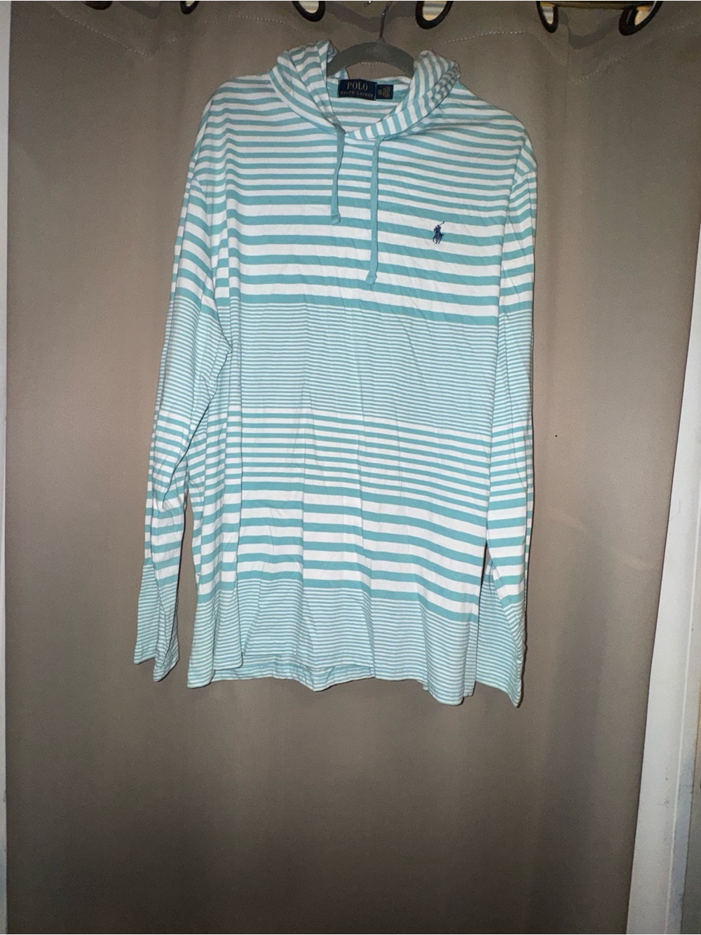 Polo by Ralph Lauren Mint and White Striped Hooded Long Sleeve Shirt